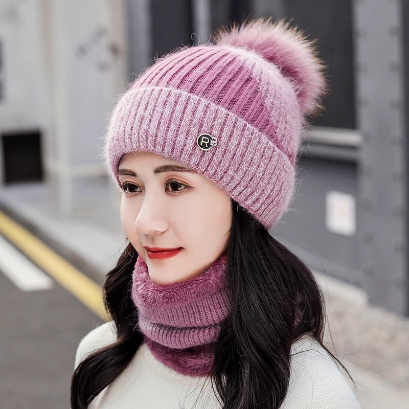 Cycling Warm With Velvet Cold-proof Women's Winter Cotton-padded Cap Scarf Set
