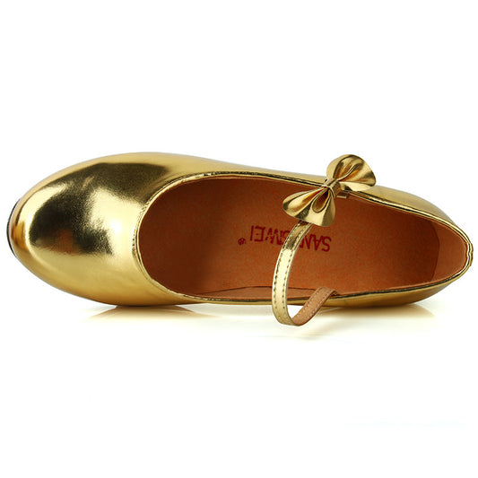 Women's Adult Black Soft Sole Shiny Bow Tap Shoes