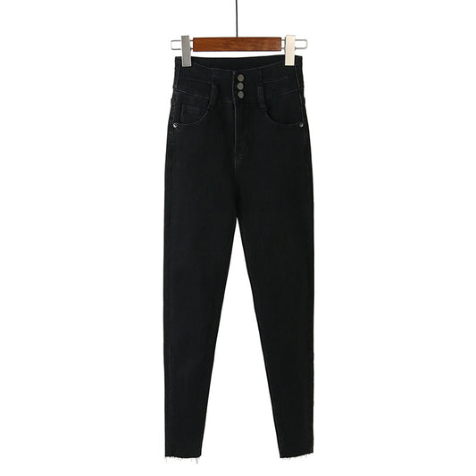 Fleece high waist jeans women's feet fall and winter