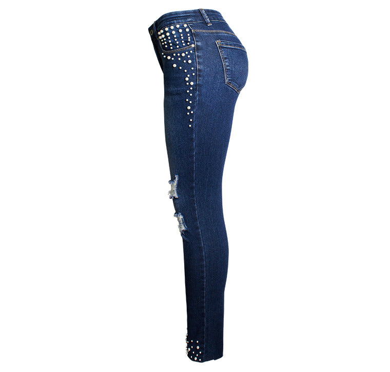 High-waist beaded stretch-through jeans