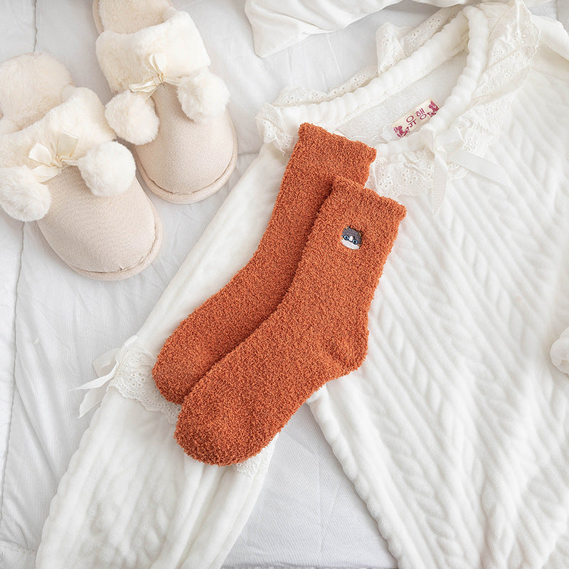 Half Velvet Socks Embroidered Squirrel Middle Tube Thick Warm Towel Socks