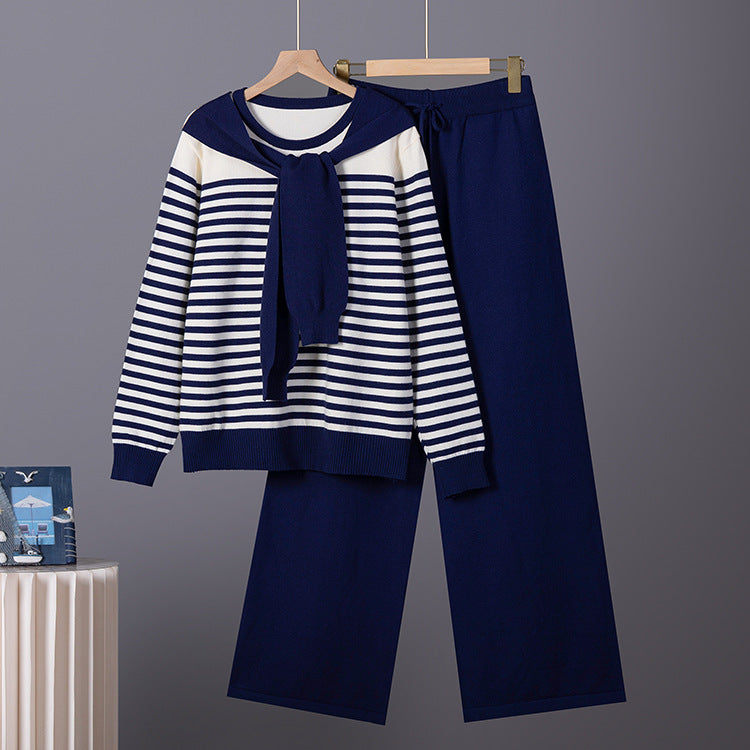 Womens Professional Knit Set Striped Sweater And Wide Leg Pants Two Piece Suit