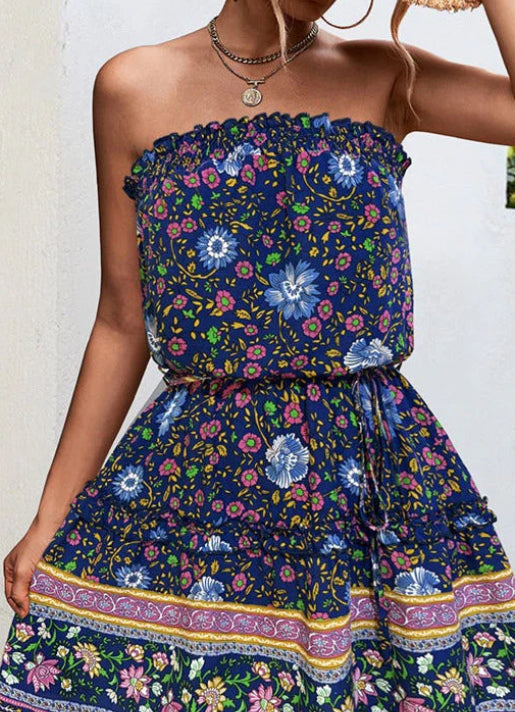 Bohemian Floral Print Bandeau Mini Dress
