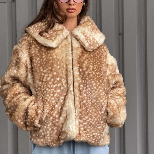 Efterår og vinter ny, alsidig, elegant selskabsdame-stil, kort varm pelskåbe til kvinder med revers og lange ærmer
