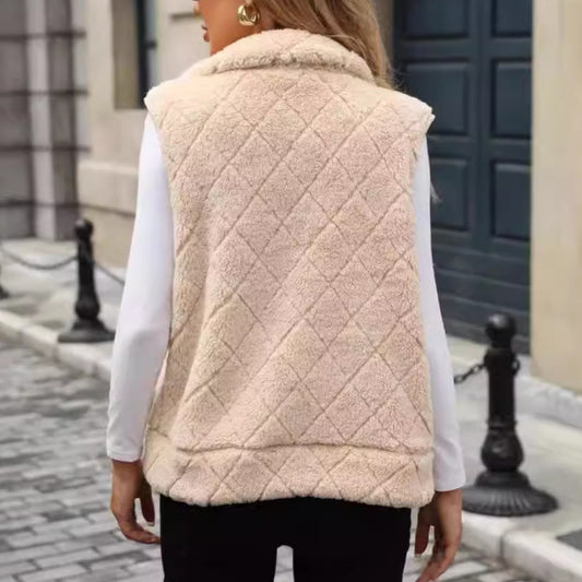 Damebeklædning Cardigan Lynlås Løs Diamantmønster Frakke Plys Vest
