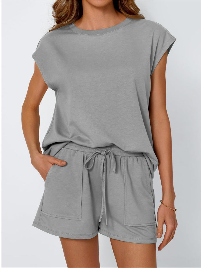 Women's Fashionable Casual Two-Piece Set Crew-Neck Short-Sleeve Top And Shorts