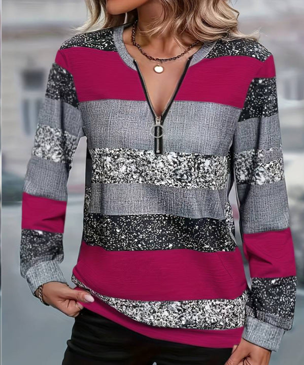 Womens FallWinter Crew-Neck Printed Loose-Fit Zip-Up Hoodie With Long Sleeves