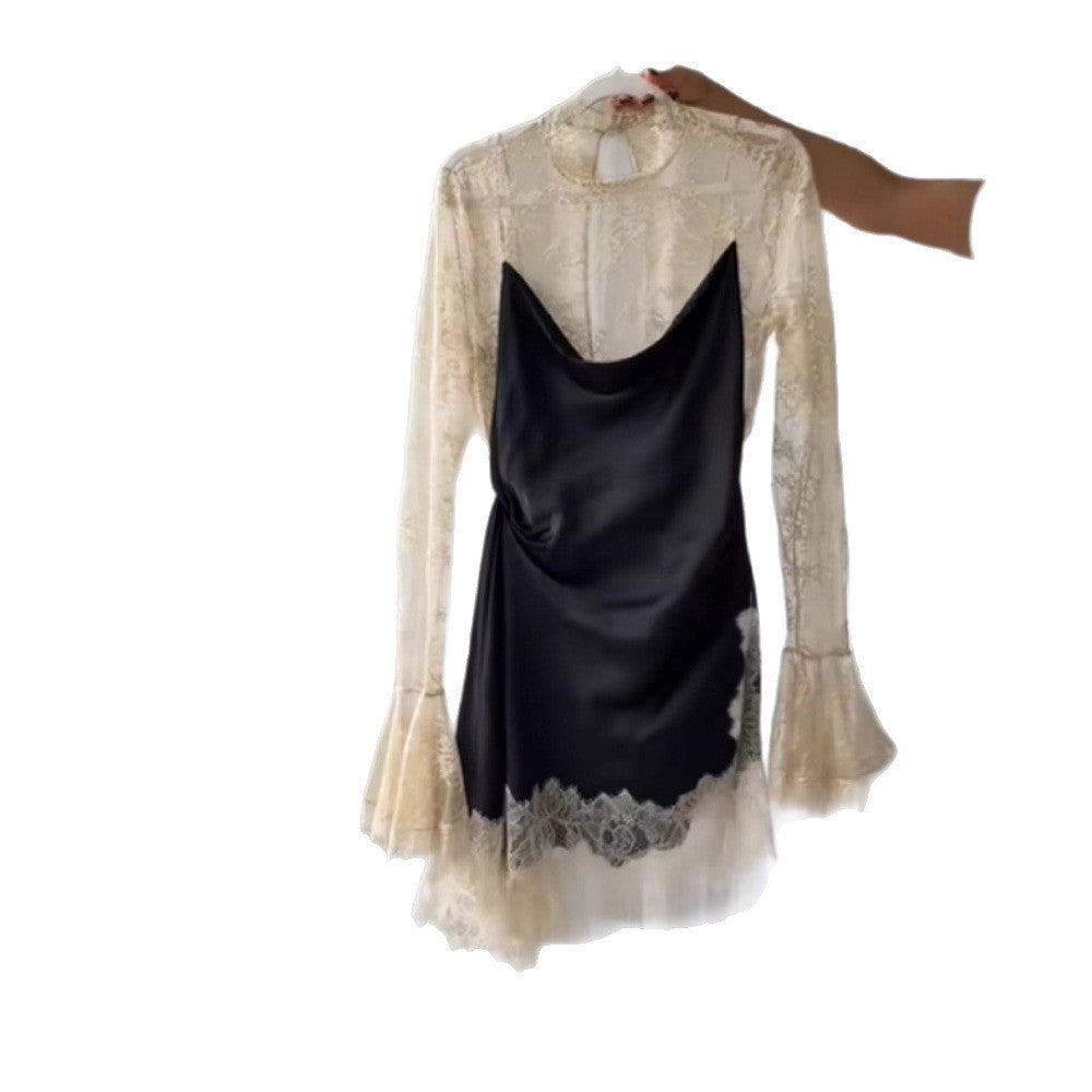 Sexy Long-Sleeve Lace-Patchwork Satin Mini Dress