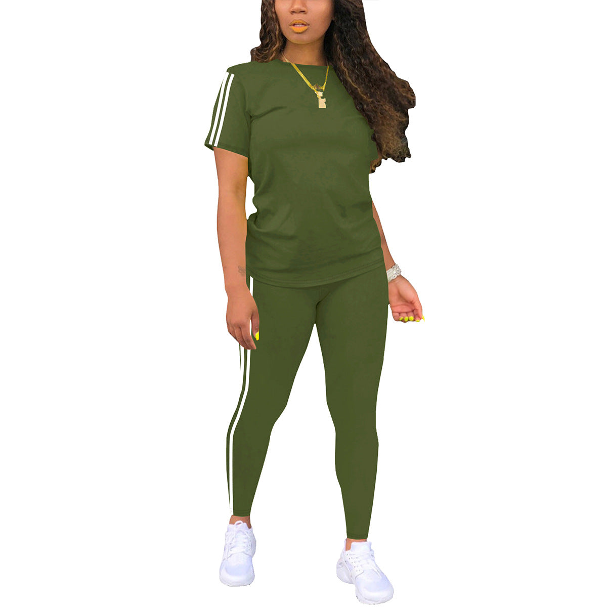 Round Neck Short-sleeved Top With Trousers Suit Side Stickers Women's Two-piece Suit