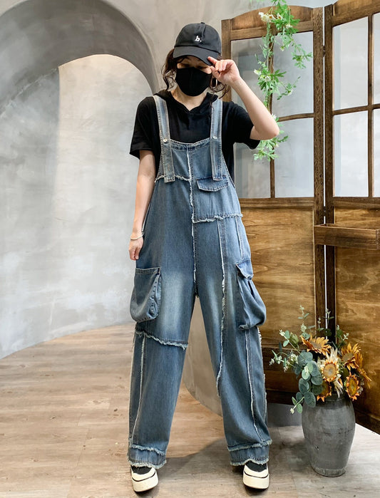 Retro Pocket Raw Edge Denim Suspender Pants For Women