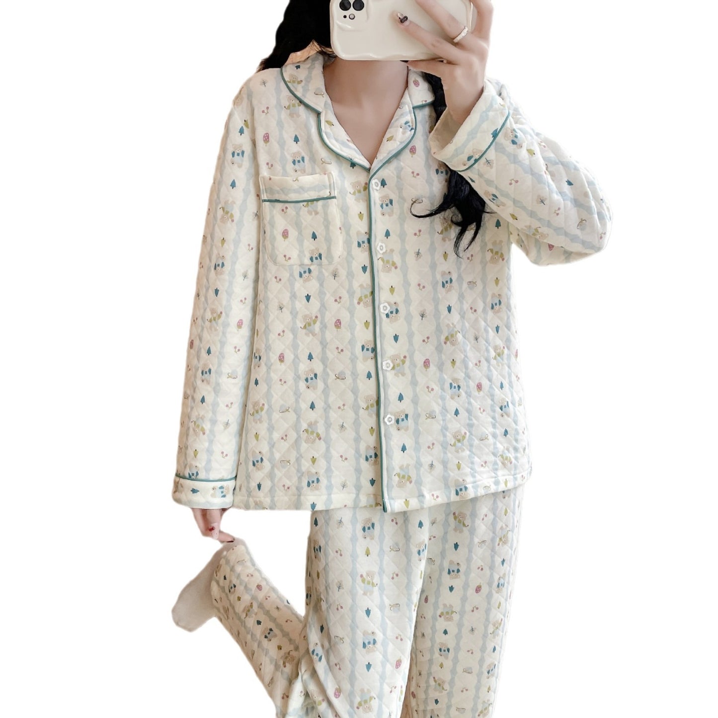 Womens Cotton Long-Sleeve All-Cotton Cozy Sweet Loungewear Set
