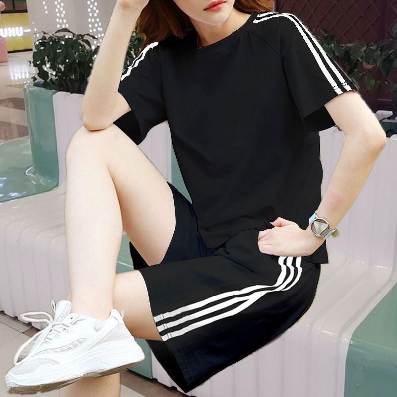 Casual Sportswomen Three-stripe Loose Short Sleeve Shorts Two-piece Set