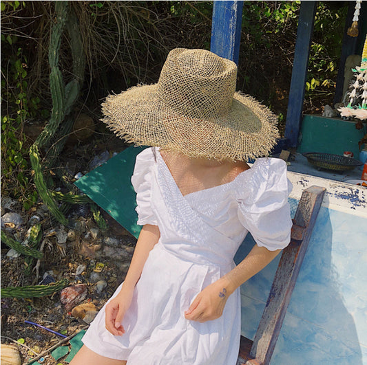 European And American British Hollow Flat Brim Salty Straw Hat