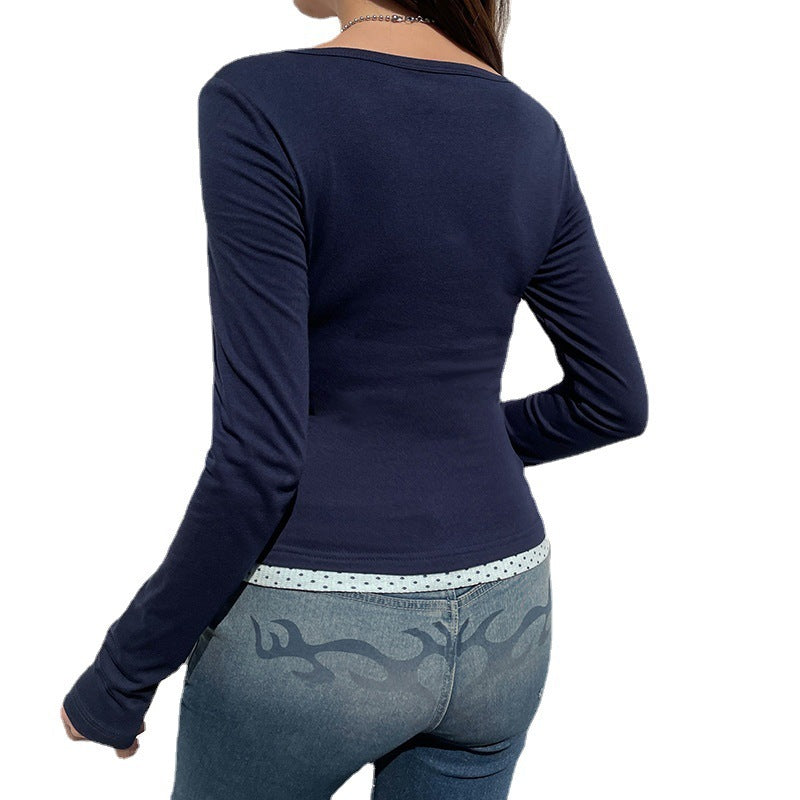 New Commuter Bottom Top Women's V-neck Panel Contrast Bow T-shirt