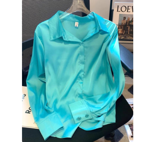 Women's Lapel Satin Draping Heavy Blue Shirt