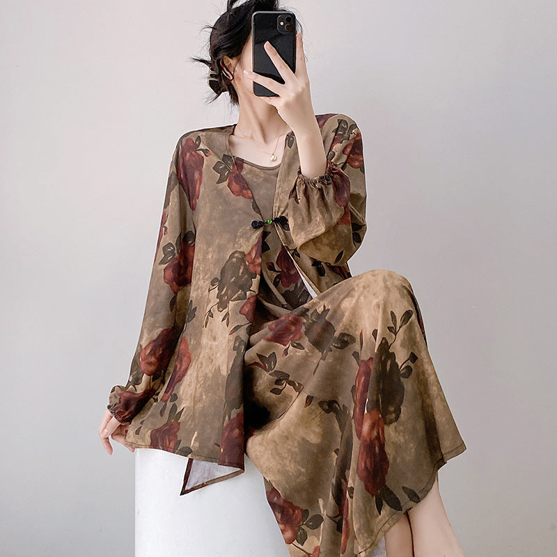 Womens Loose Casual Printed Camisole Dress And Outerwear Set