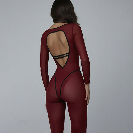 Womens Solid-Color High-Elastic Tight-Fitting Long-Sleeve Sports Jumpsuit