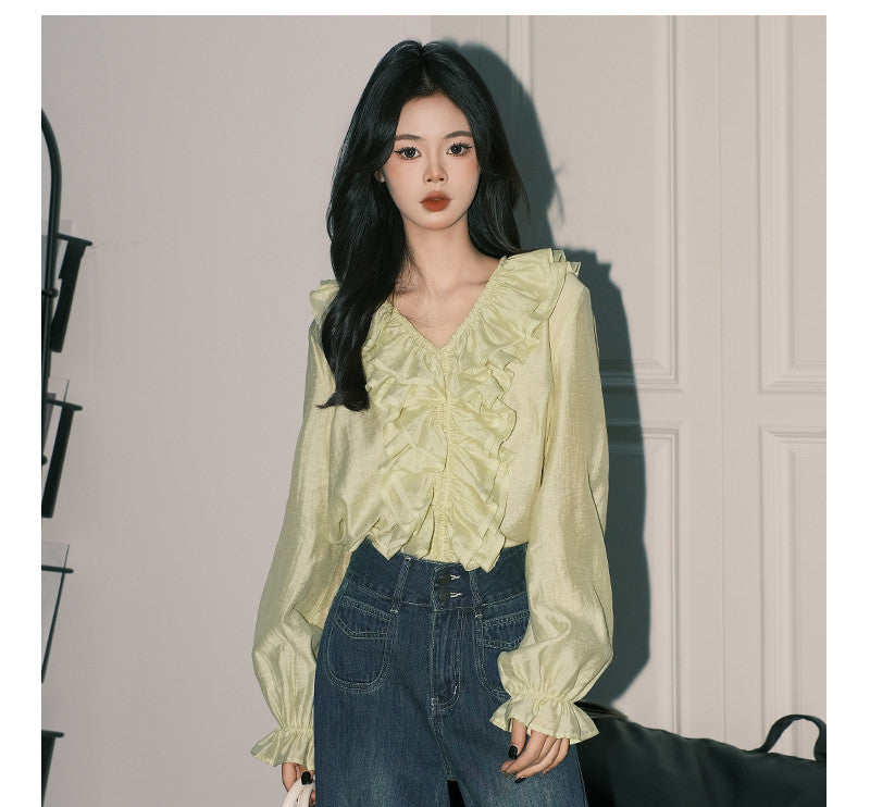 Ruffled V-neck Shirt Female White
