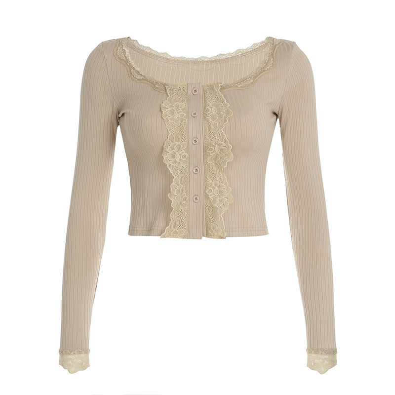 New Slim Fit Slimming And Short Lace Long-sleeved Top For Women