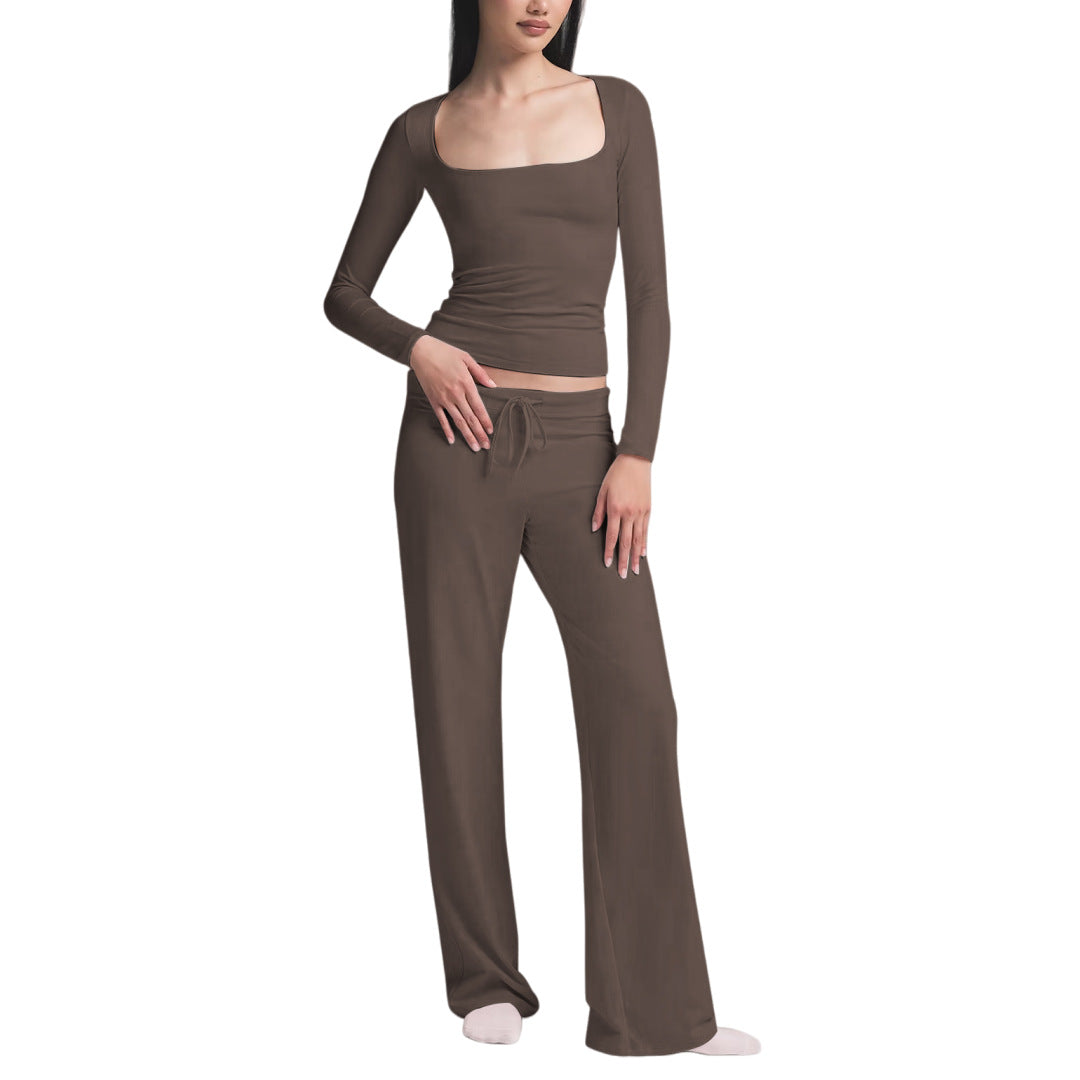 Women's Long-Sleeve Square-Neck Top And Yoga Pants Two-Piece Set