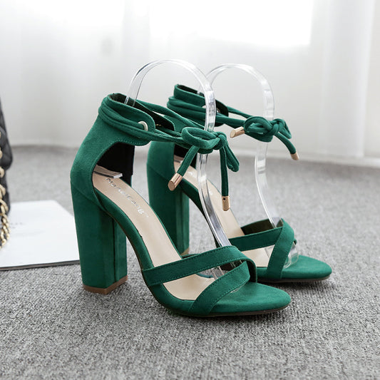 Cross strap thick high heel suede sandals
