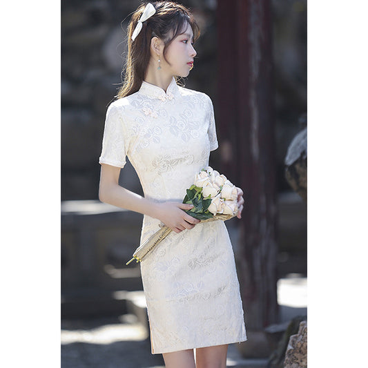 Elegant, High-end Short White Retro-modernized Cheongsam Dress