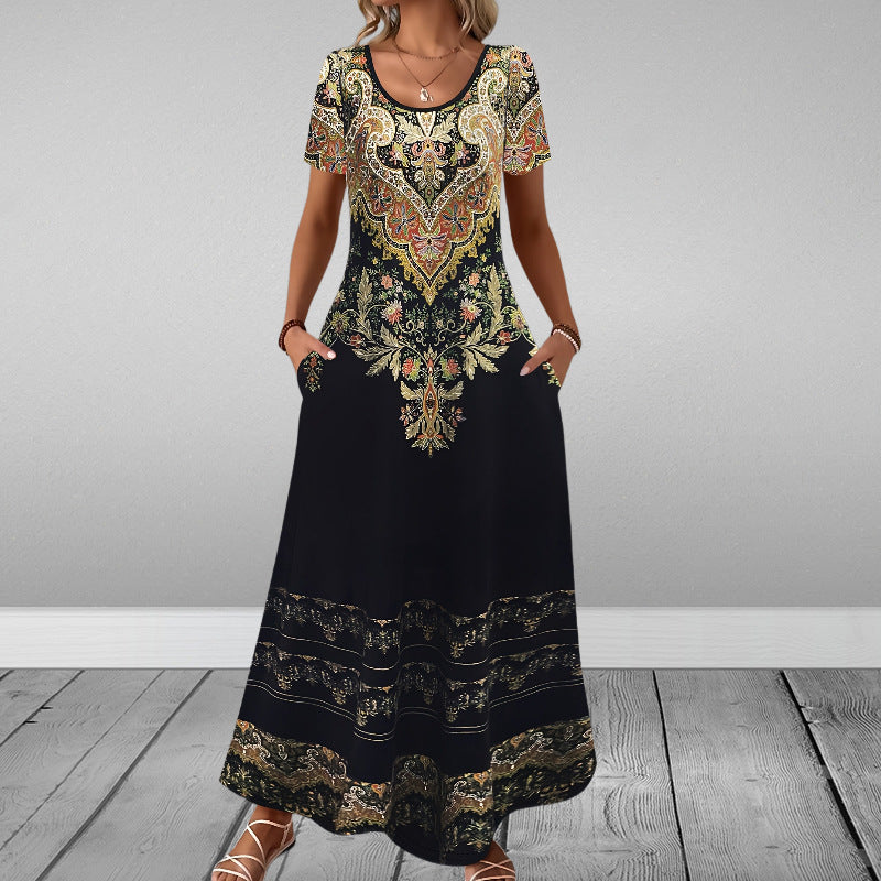 Round-neck Short-sleeve Printed Dress With Patch Pockets