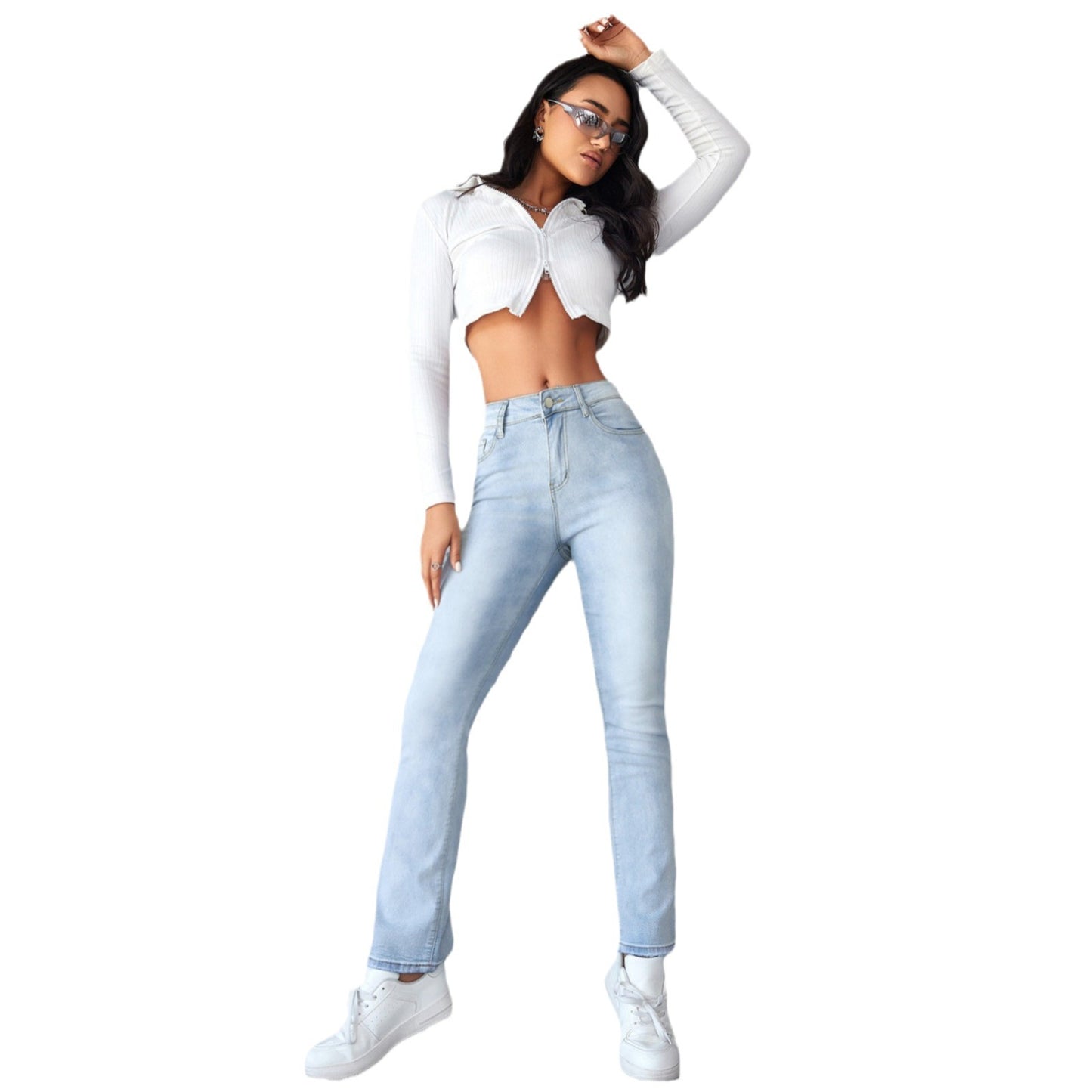 Women's Straight Leg Slim Fit Jeans, Fashionable And Simple Light Blue Pants