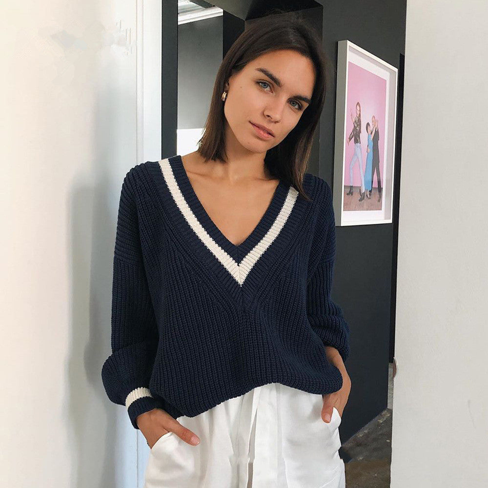 Casual Stitching Contrast Color Slim Loose Women's Sweater