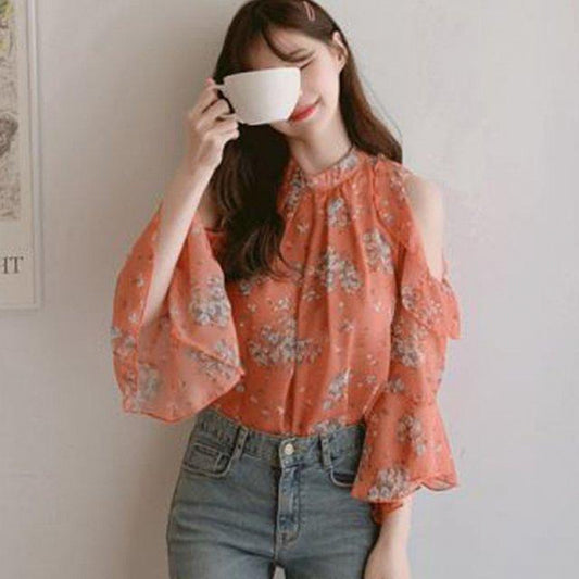 Niche Off-the-shoulder Floral Chiffon Shirt Women's Early Spring Temperament Shirt Bell Sleeve Summer Thin Top