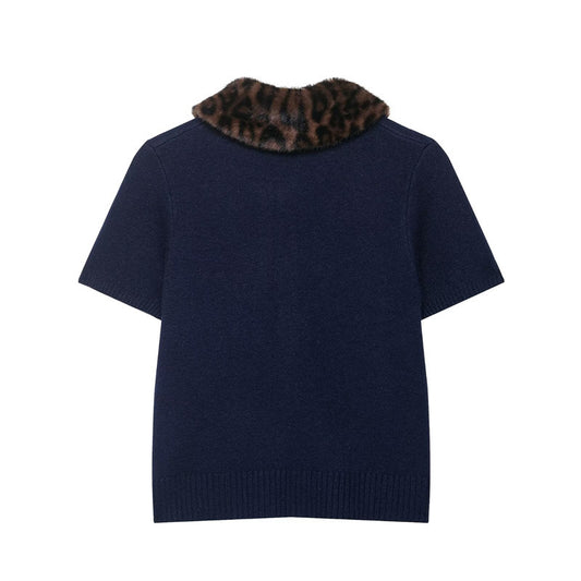 New European And American Style Fashion Women's Wear Animal Print Neckline Knitted Short Sleeve