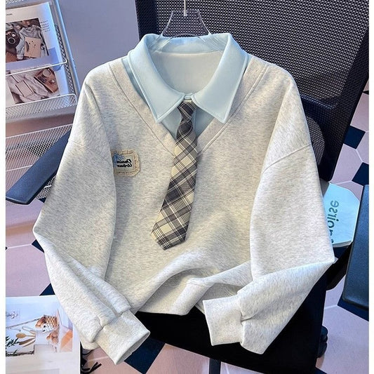 Falsk to-delt slips, polo-krave-sweater til kvinder, forår og efterår, ny løstsiddende, uden hætte