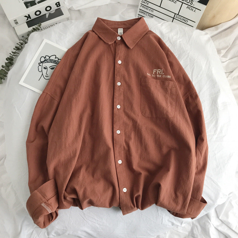 Neutral long sleeve solid color embroidered shirt