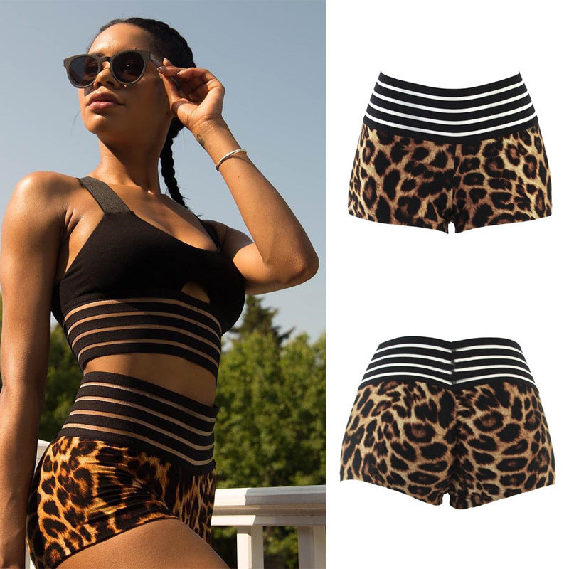 Leopard print stitching striped shorts