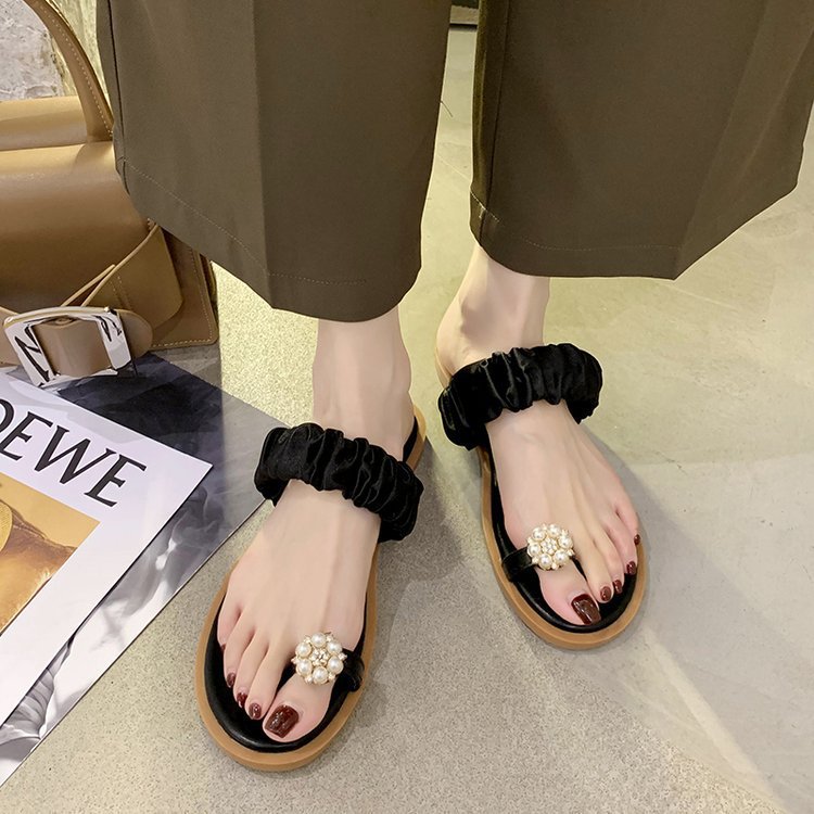 Flower pearl outer wear flat sandals and slippers