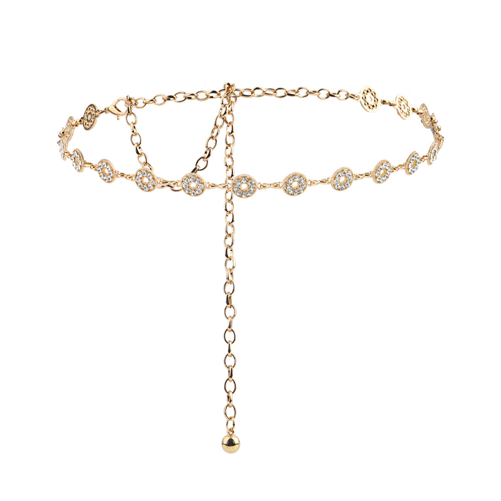Women's Rhinestone Hollowed-out Metal Waist Chain Circle Gold Silver Chain Shiny Senior Sense Of Everything Dress