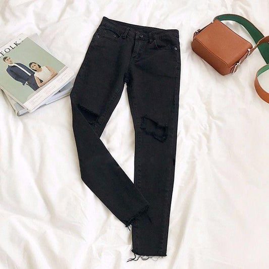 Female ripped skinny black beggar pencil pants