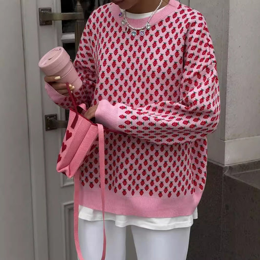 Leisure Pullover Strawberry Embroidery Contrast Color