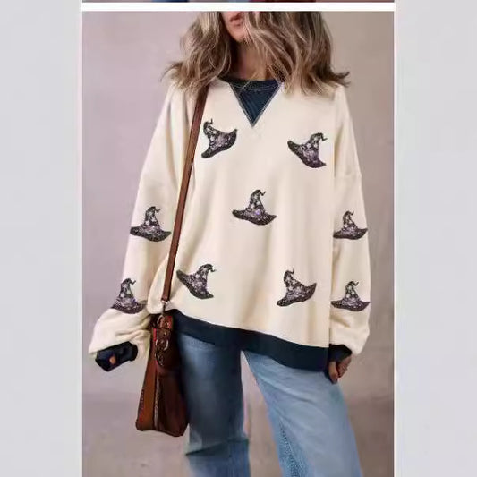 Hat Printed Sports Langærmet Pullover Løs Rundhalset Sweater
