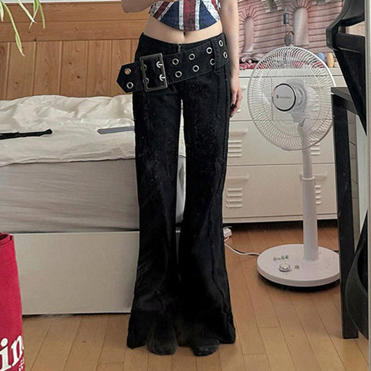 New Metal Wide Belt Frayed Low Waist Skinny Jeans For Women