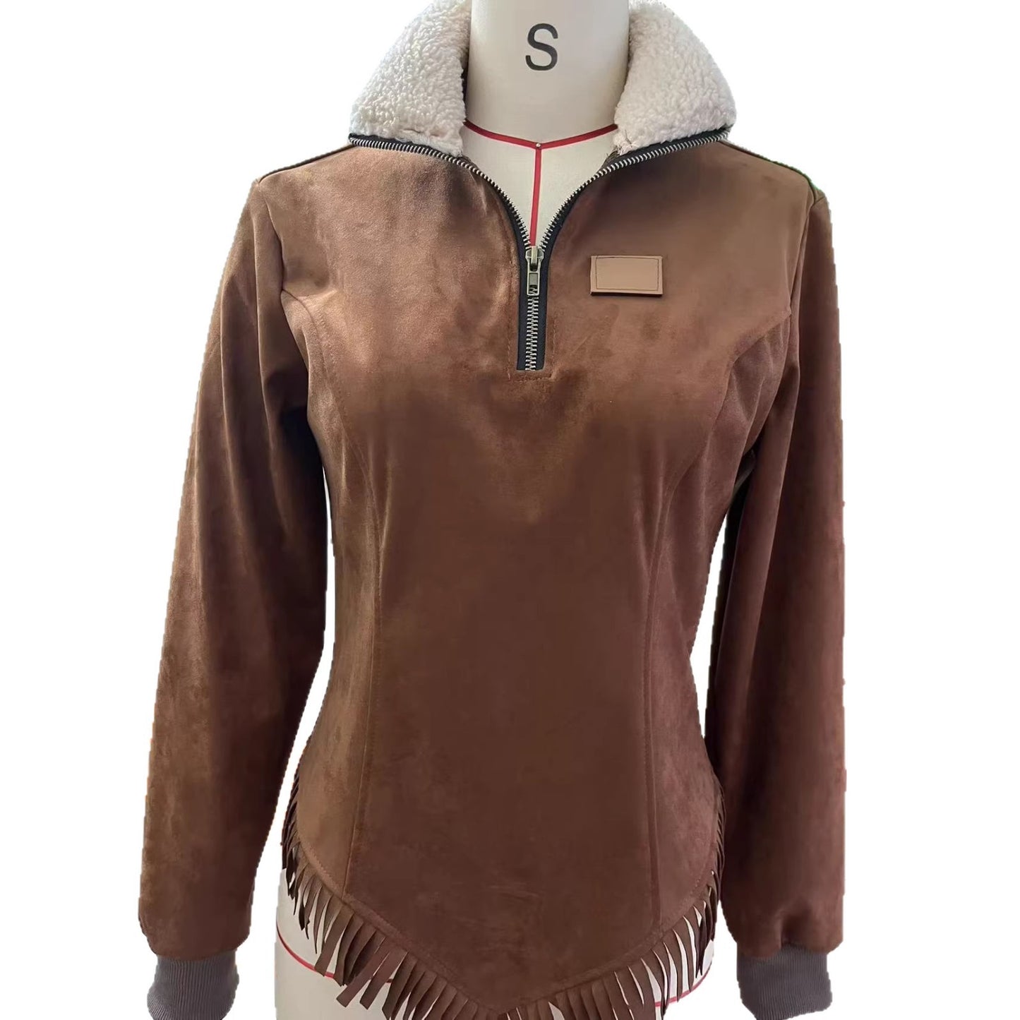 Suede-velvet Tassel Hem Long-sleeve Fur-collar Slim-fit Womens Top