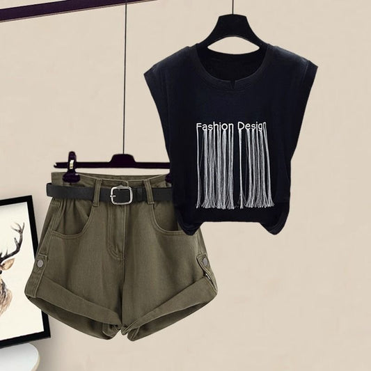 Casual Slim-looking Clothes Women's Short-sleeved Top Cargo Shorts