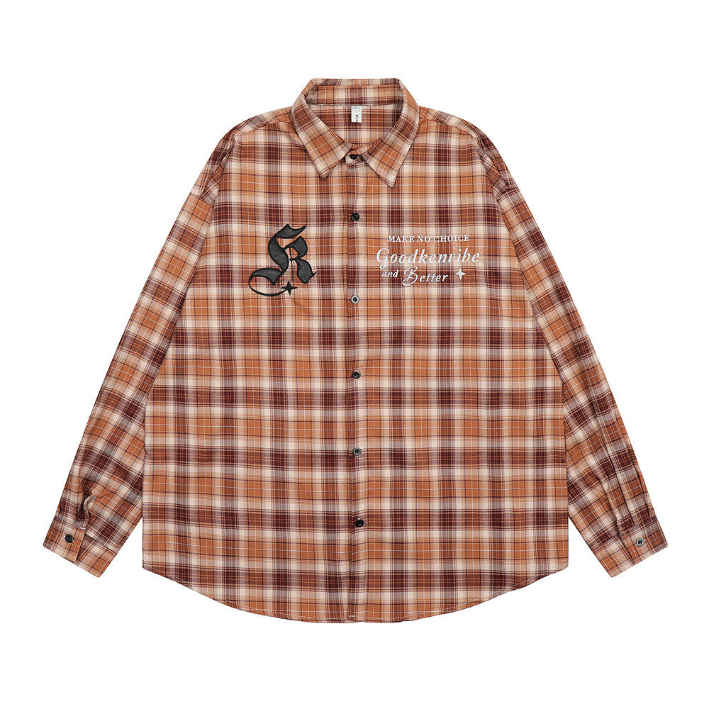 Japanese Retro Plaid Long Sleeve Shirt Men's American Street Fashion