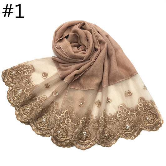 Cotton And Linen Solid Color Scarf, Two-end Lace, Set Pearl Toe Cap Scarf