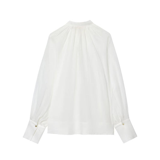 Women's Stand-up Collar Striped Lantern Long Sleeve Top