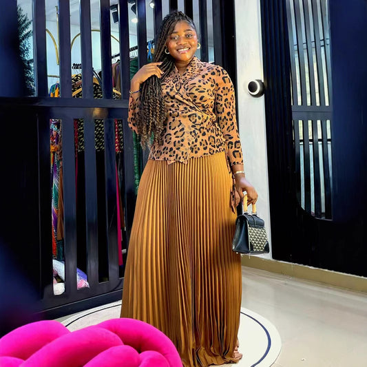 Plus Size Slightly Fat Women's Clothing Printed Long-sleeved Top Pleated Skirt