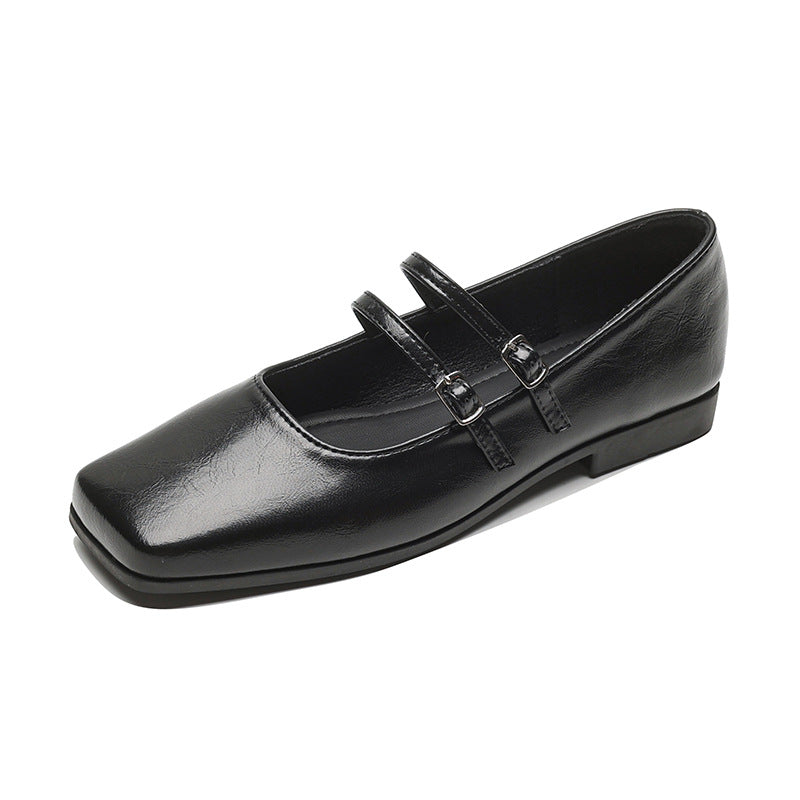 Genuine Leather Cross Buckle Strap Shallow Mouth Flat Bottom Pumps Silver Ballet Slipper Mary Jane Shoes