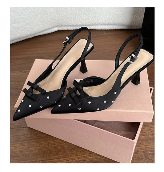 Spring-Summer New Closed Toe Slingback Heeled Sandals For Women, Stiletto Heel With Bowknot, Rhinestone Fashion High Heels, European & American Style