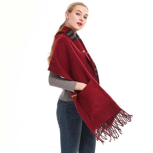 Thick Shawl Imitation Cashmere Fringed Pocket Plaid Scarf