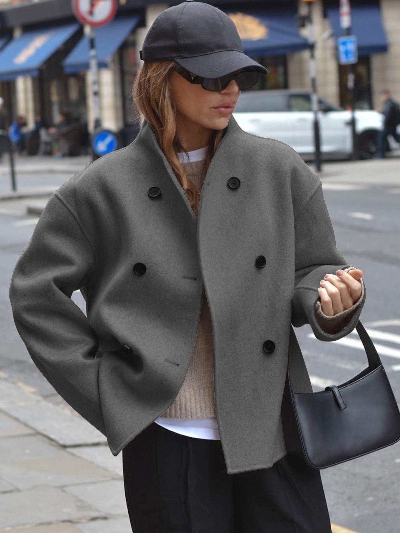 Women's Casual Double Breasted Solid Color Woolen Overcoat Coat